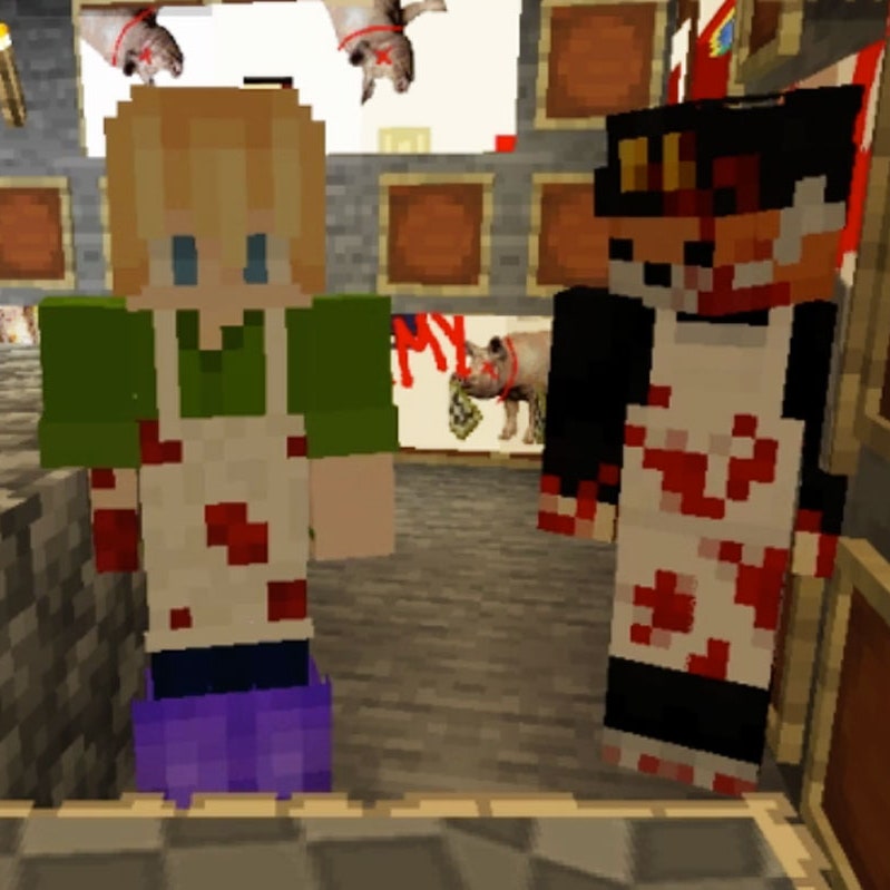 This is a screenshot taken from Quackity's stream. It shows Tubbo and Fundy, each in their Butcher Army outfits, white aprons over their normal clothes which have been stained with red splotches. Both Tubbo's and Fundy's hands are also stained red. They stand in the Butcher Army war room. Paintings in the background depict pigs crossed out with red X's and black X's drawn over their eyes.